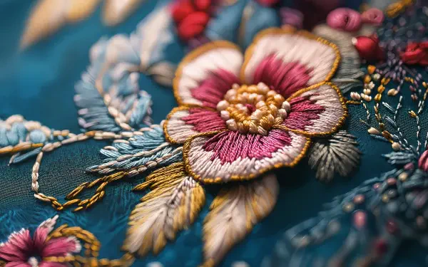 A vibrant close-up of intricate floral embroidery set against a rich teal background, showcasing exquisite detail and color in this 4K Ultra HD wallpaper.