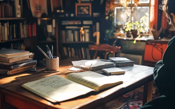 A cozy workspace featuring a wooden table filled with journals, pens, and books, bathed in warm sunlight, creating an inviting atmosphere for journaling. 4K Ultra HD desktop wallpaper.