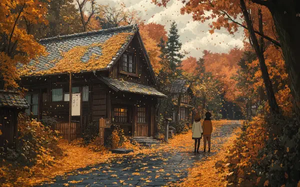 A serene autumn scene featuring vibrant leaves covering a quaint pathway and traditional wooden houses, creating a cozy atmosphere in this 4K Ultra HD desktop wallpaper.