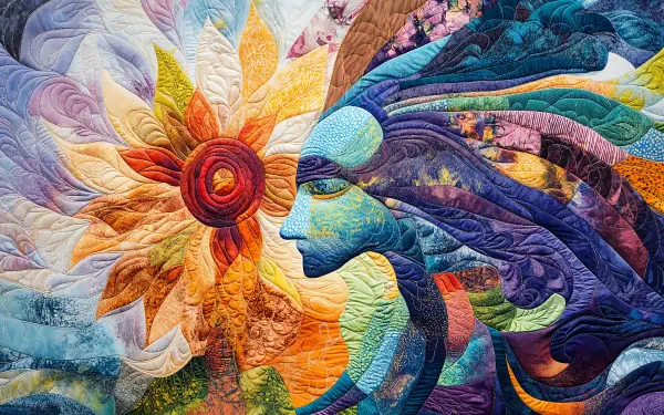 A vibrant quilt features an abstract profile of a woman with flowing hair, surrounded by a radiant sunflower. This artistic piece makes a stunning 4K Ultra HD desktop wallpaper.