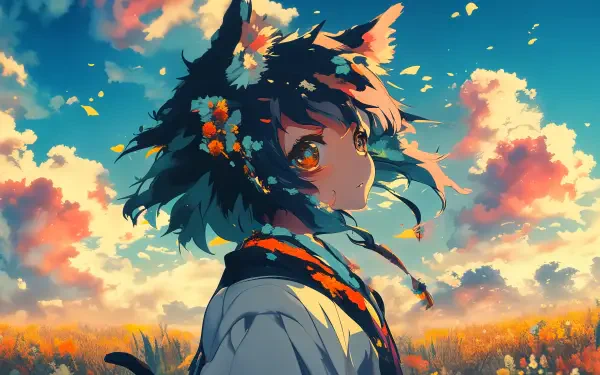 A kawaii anime girl with cat ears stands in a vibrant field, her colorful hair adorned with flowers, against a backdrop of blue skies and fluffy clouds. 4K Ultra HD wallpaper.