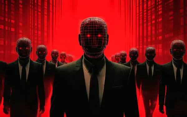 A striking 4K Ultra HD wallpaper featuring faceless figures in suits against a red backdrop, symbolizing corporatism and the impersonal nature of modern society.