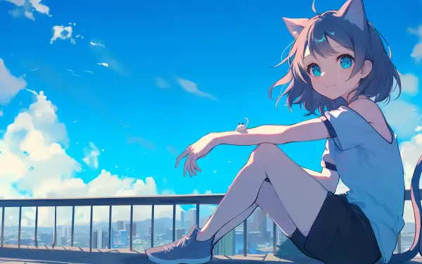 A kawaii anime girl with cat ears sits on a railing against a bright blue sky, captured in stunning 4K Ultra HD for PC desktop wallpaper.