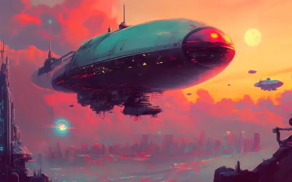 A retro-futuristic scene featuring a large airship soaring through a vibrant sunset sky, set against a futuristic cityscape. This 4K Ultra HD wallpaper captures a sci-fi aesthetic.