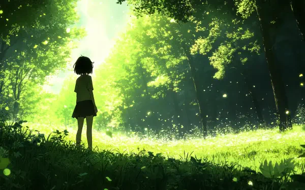 A serene green anime scene featuring a silhouetted figure standing in a lush forest, illuminated by gentle sunlight and flickering particles, designed as a 4K Ultra HD PC desktop wallpaper.