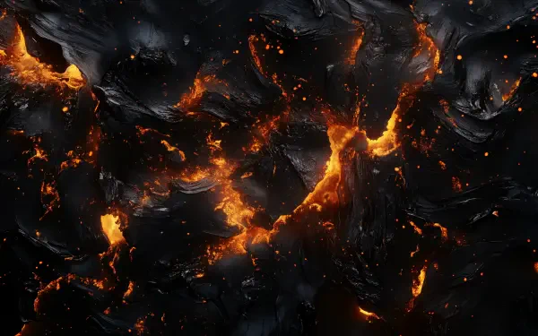 An artistic depiction of dark lava flows, featuring striking orange and black contrasts, designed as a stunning 4K Ultra HD desktop wallpaper and background.