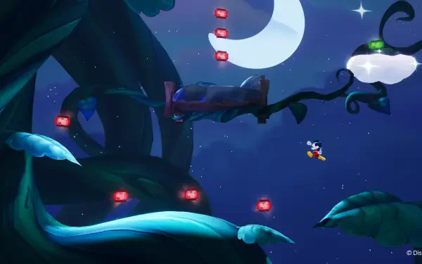 A vibrant 4K Ultra HD background from Disney Epic Mickey: Rebrushed, featuring Mickey Mouse navigating a whimsical, starry landscape with glowing elements and lush foliage.