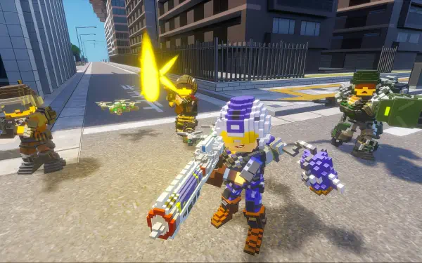 A vibrant scene from Earth Defense Force: World Brothers 2, featuring blocky characters in an urban setting, wielding various weapons amidst a dynamic battle atmosphere.