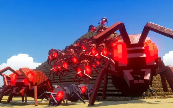 A vibrant HD wallpaper from Earth Defense Force: World Brothers 2, featuring a swarm of menacing red-eyed spiders against a blue sky and a pyramid backdrop.