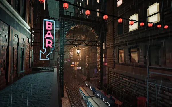 A moody, atmospheric scene from the video game **Shadows of Doubt**, featuring a rain-soaked alleyway lit by neon signs and lanterns, showcased in stunning 4K Ultra HD.