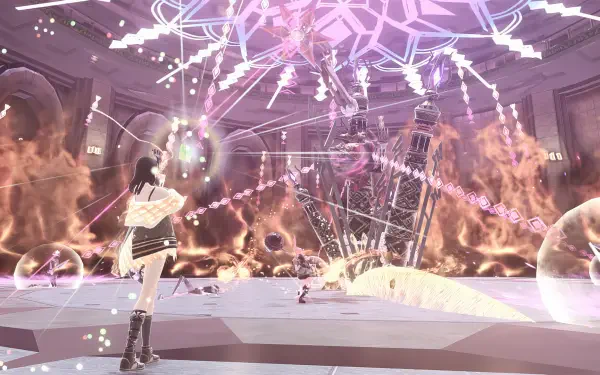 A stunning HD wallpaper showcasing a dramatic scene from the video game Reynatis, featuring a character amidst vibrant explosions and mystical visuals.