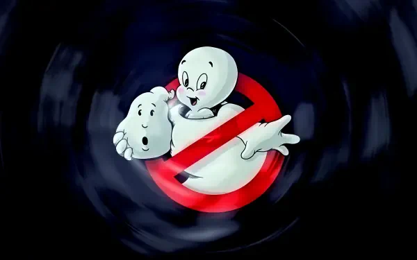 A vibrant 4K Ultra HD wallpaper featuring Casper the friendly ghost in a playful pose, set against a swirling dark background and the iconic no-ghost logo.