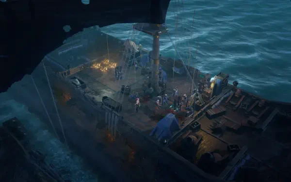 A detailed HD wallpaper from the video game Rogue Waters, featuring a ship navigating through turbulent waters, with crew members engaged in various activities on board.