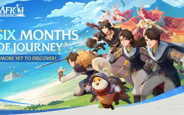 A vibrant HD wallpaper from AFK Journey features dynamic characters exploring a colorful landscape, celebrating six months of adventure and discovery.