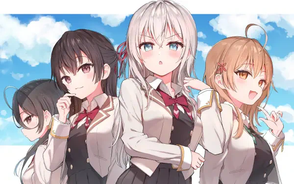 HD anime wallpaper featuring four female characters from Alya Sometimes Hides Her Feelings against a bright blue sky background, styled as a PC desktop background.