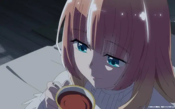 A character from As a Reincarnated Aristocrat I’ll Use My Appraisal Skill to Rise in the World gazes thoughtfully while holding a cup, set against a serene background. HD anime wallpaper.