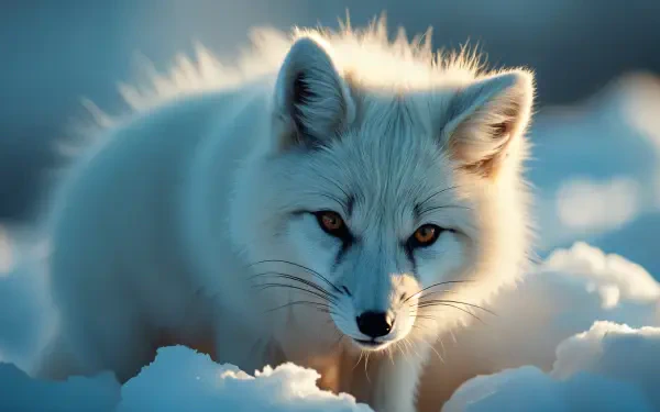 A beautiful arctic fox stands out against a snowy background, showcasing its bright white fur and striking golden eyes in this stunning 4K Ultra HD PC desktop wallpaper.