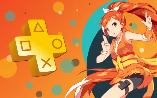 A vibrant HD desktop wallpaper featuring an anime character with orange hair and playful pose, complemented by colorful circles and a gold gaming controller icon. Crunchyroll branding present.