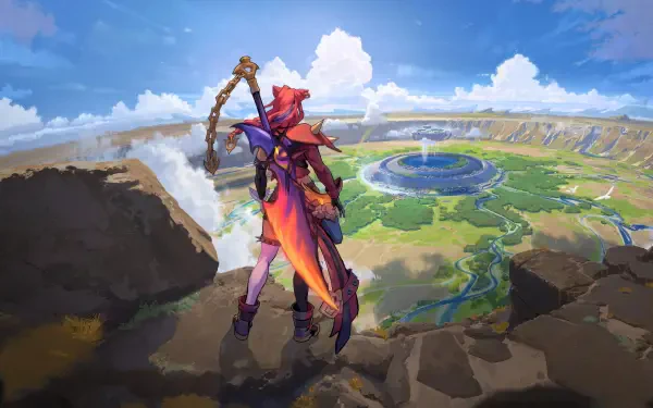 A stunning 4K Ultra HD wallpaper featuring Samira from League of Legends, standing triumphantly on a cliff, overlooking a vibrant landscape and a mystical arena under a bright blue sky.