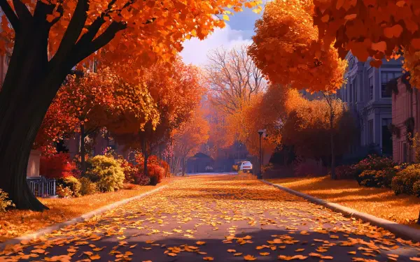 A serene autumn scene featuring vibrant orange and golden leaves blanketing a quiet street, framed by colorful trees, capturing the essence of fall weather in stunning 4K Ultra HD.
