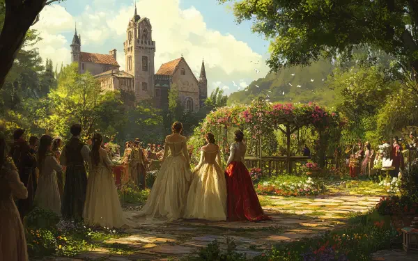 A picturesque garden party scene featuring elegantly dressed figures in a lush setting, with a grand castle in the background, captured in stunning 4K Ultra HD quality.