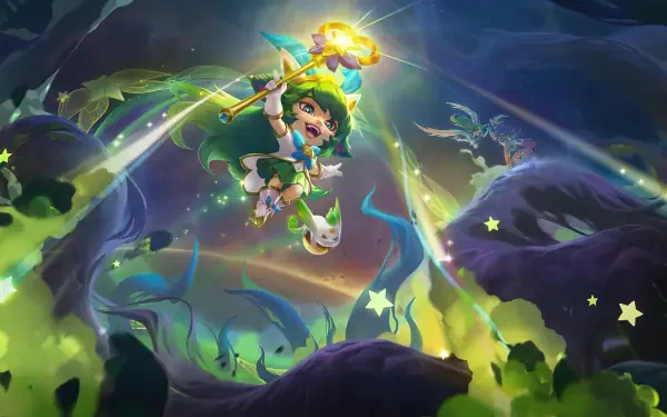 Lulu from League of Legends soars through a vibrant, magical landscape, wielding her staff amidst glowing stars and mystical greenery in this stunning 4K Ultra HD wallpaper.