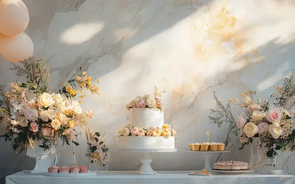 A beautifully decorated wedding cake surrounded by elegant floral arrangements and treats, set against a light, marbled background. 4K Ultra HD desktop wallpaper and background.