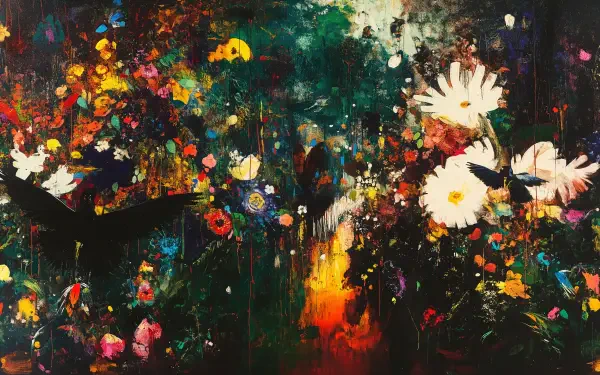 A vibrant, artistic digital wallpaper featuring an array of colorful flowers and butterflies against a lush, dark background, showcasing nature's beauty in rich detail.