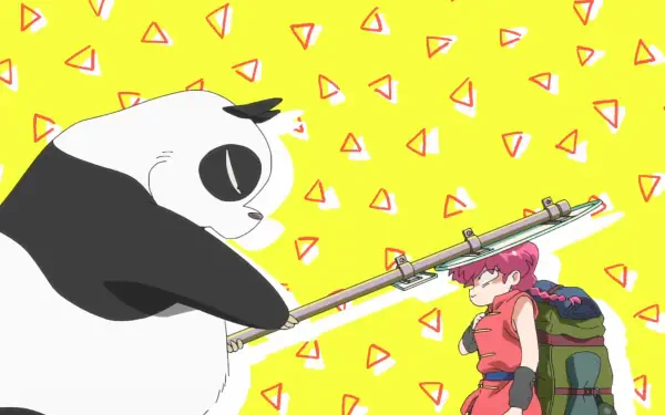 Anime HD PC desktop wallpaper featuring Ranma Saotome from Ranma ½ with a large panda holding a bamboo pole, set against a bright yellow background with geometric shapes.