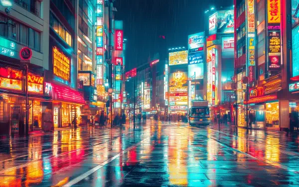 Vibrant night scene of Tokyo, Japan, showcasing illuminated streets and neon signs reflecting on wet pavement, creating a stunning urban backdrop. HD desktop wallpaper.