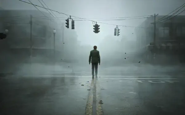 A haunting HD wallpaper from Silent Hill 2, featuring a lone figure standing in a foggy street, under traffic lights, evoking a sense of eerie isolation.