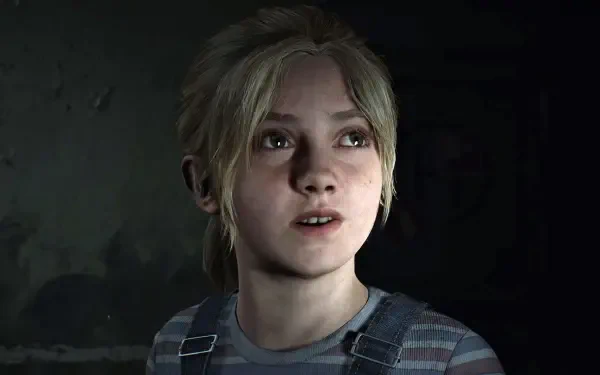 A close-up of a young girl with blonde hair, set against a dark background, inspired by the eerie atmosphere of Silent Hill 2. A captivating 4K Ultra HD wallpaper for fans.