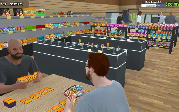 A vibrant scene from TCG Card Shop Simulator, featuring two characters at a card table, surrounded by colorful shelves filled with game supplies in a virtual shop setting.