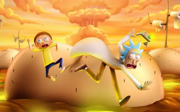 Morty Smith and Rick Sanchez dash fearfully across a surreal landscape in this vibrant 8K Ultra HD wallpaper inspired by the TV show Rick and Morty.