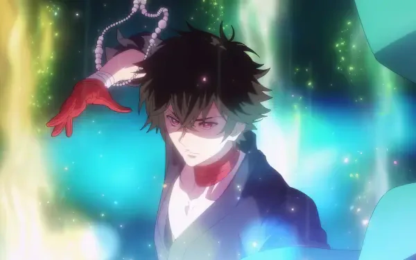 A character from the anime Haigakura, depicted with dynamic colors and energy effects, striking a powerful pose against a vibrant, magical background. HD PC wallpaper.