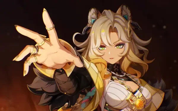 HD PC desktop wallpaper of Xilonen from the video game Genshin Impact, showcasing the character with an intense expression and outstretched hand.