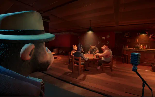 A stylized scene from the video game Liars Bar, featuring anthropomorphic characters gathered around a table in a cozy, dimly lit bar, captured in vibrant HD detail.