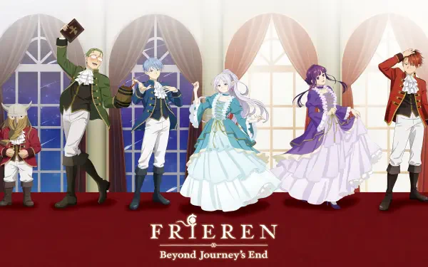 4K Ultra HD PC wallpaper featuring Frieren, Fern, and Himmel from Frieren: Beyond Journey's End in elegant attire, standing in a grand room with arched windows.