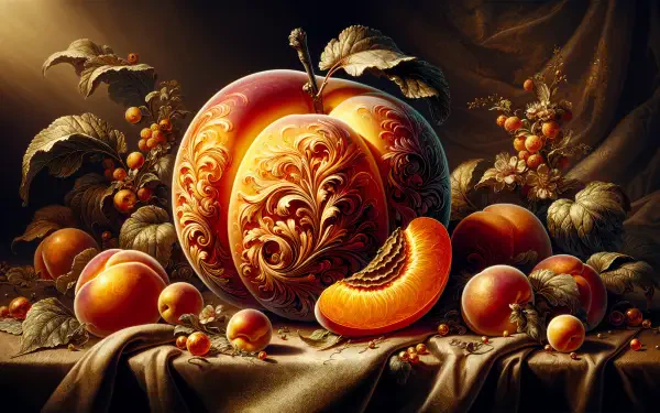 A beautifully detailed 4K Ultra HD wallpaper featuring a richly patterned apricot surrounded by smaller apricots and leaves, illuminated by soft, warm lighting.