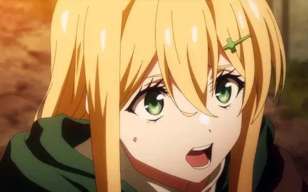 A close-up of a character with long blonde hair and green eyes, expressing determination. This HD wallpaper features art from The Most Notorious Talker Runs the World's Greatest Clan.