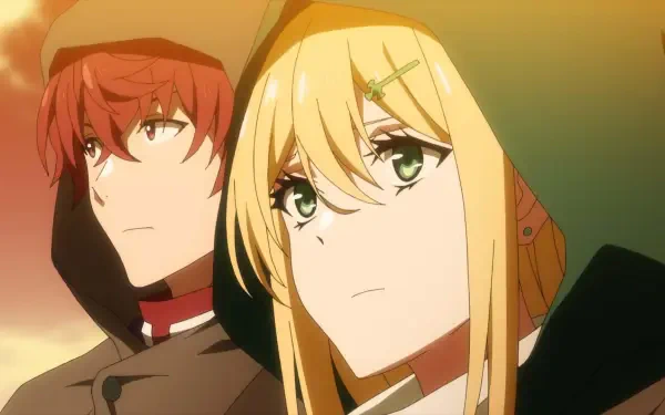 Anime scene from The Most Notorious Talker Runs the World's Greatest Clan, featuring two characters in hoods gazing into the distance against a vibrant sunset background.