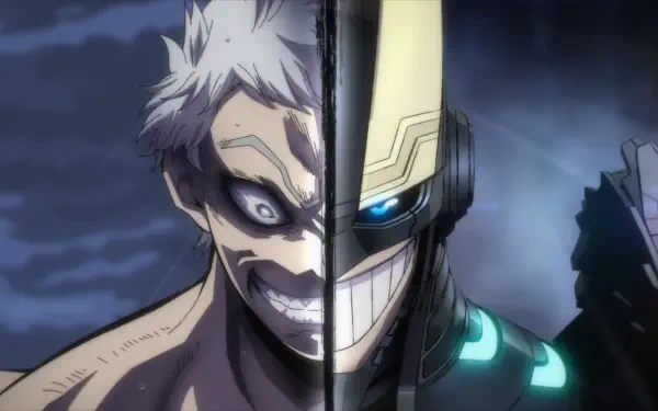 HD anime wallpaper featuring a split image of All For One and Armored All Might from My Hero Academia, showcasing their intense expressions and distinct designs.