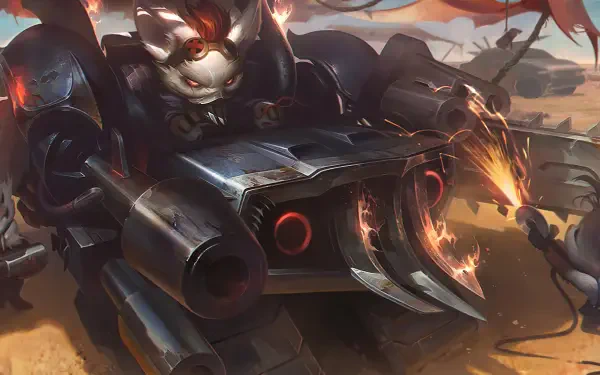 8K Ultra HD wallpaper featuring Rumble from League of Legends, piloting his mechanized suit in a dynamic, action-packed setting.