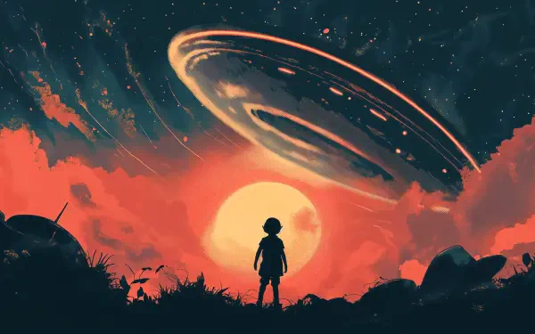 A silhouetted child stands against a vibrant sunset, gazing at a hovering UFO in a colorful sky. This sci-fi scene makes an immersive 4K Ultra HD desktop wallpaper.