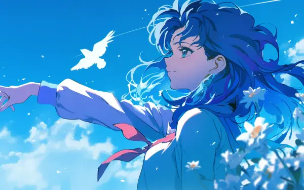 Retro anime-style girl with flowing hair reaches out toward a white bird soaring in a bright blue sky, set against a vibrant 4K Ultra HD PC desktop wallpaper backdrop.