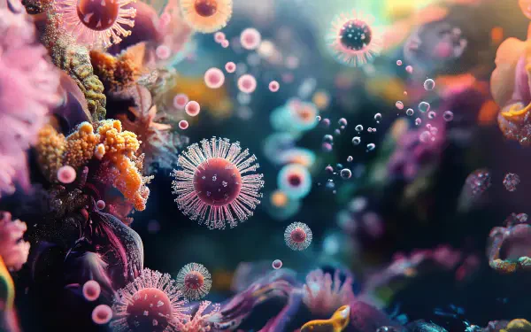 A vibrant 4K Ultra HD underwater scene featuring colorful coral and diverse microbial microorganisms floating in a glowing aquatic environment.