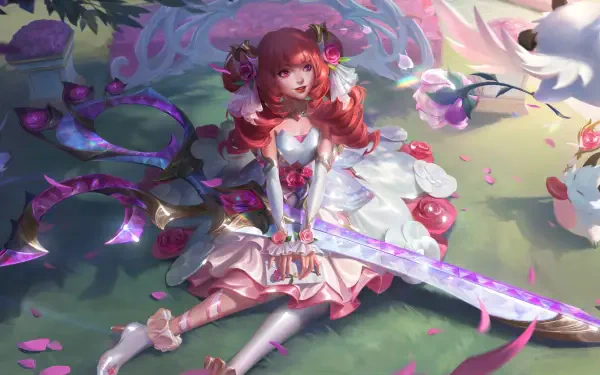 Gwen from League of Legends sits gracefully among flowers, wielding her vibrant sword in a colorful, 8K Ultra HD wallpaper showcasing a whimsical fantasy scene.