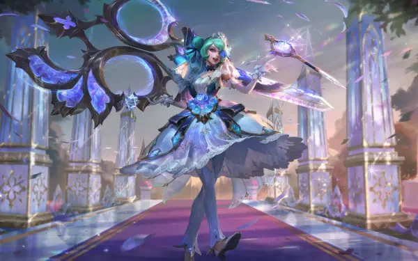 A stunning 8K Ultra HD wallpaper featuring Gwen from League of Legends, showcasing her in an elegant pose with vibrant colors and intricate details in a fantastical setting.