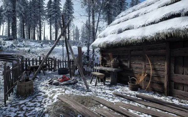 A tranquil winter scene from the video game Medieval Dynasty, featuring a cozy wooden house surrounded by snow-covered trees, a fire pit, and various outdoor tools.