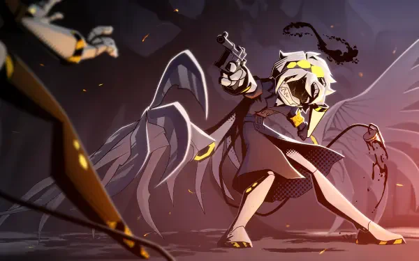 A dynamic scene from the TV show *Murder Drones*, featuring a character wielding a gun amidst an intense backdrop, rendered in vibrant 4K Ultra HD quality.